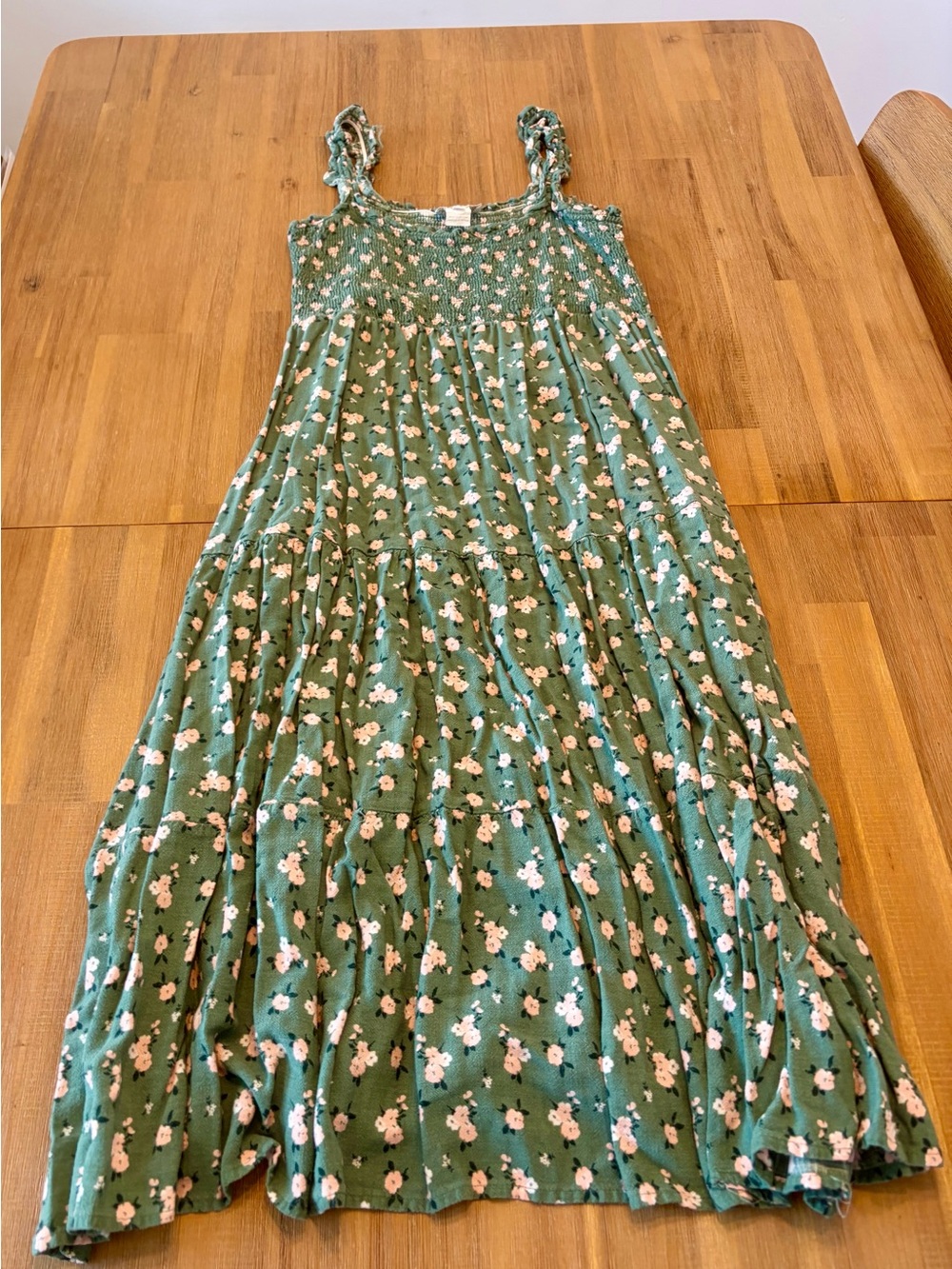 Women’s Green Floral Midi Dress with Pink Flower Accents